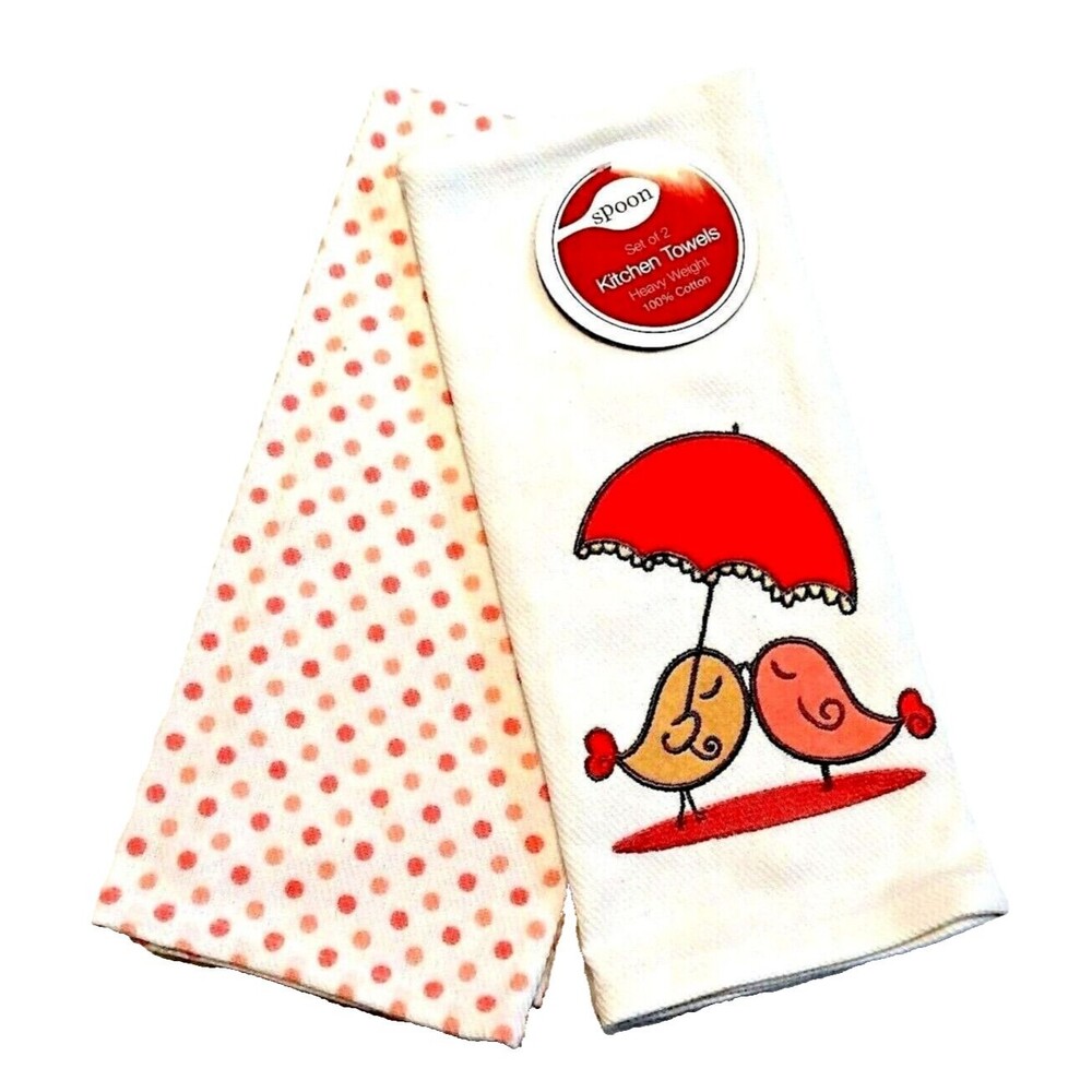 Love Birds Umbrella Kitchen Towels Embroidered Applique Cotton Dots 2pc Gift NEW